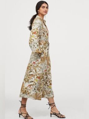 NWT H&M Floral Midi Shirt Dress Belted XXL Boho Cottagecore